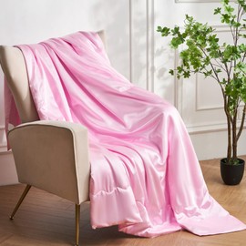 YASMENG Pink Cooling Satin Throw Blanket 90 x 90 Inches Soft Lightweight Silky Bed Blanket for Couch, Sofa, Camping, Bed, Outdoor, Travel, Car