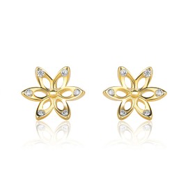 9ct Small Flower Stud Earrings in 375 Yellow Gold with Cubic Zirconia, Gold, Cubic Zirconia