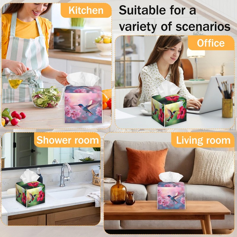 French Hummingbird Flower 2 Pcs Tissue Box Cover Square Leather