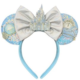 YUESE Mouse Ears Hairband for Women Adult Blue Sequin Headband with Castle Bows for Park Ears