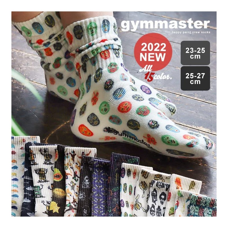 Gymmaster Socks, Thick, Middle Length, Happy Paint, Total Pattern, Non-Slip,