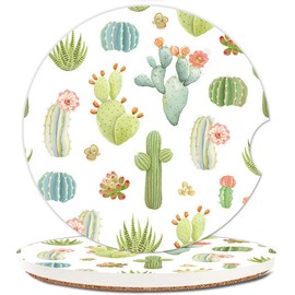 2 Pack Absorbent Car Coasters for Cup Holders,Ceramic Coasters with Cork Back and Finger Slot,2.56" Cupholder Accessories to Keep Your Car Cup Holders Clean and Dry(Cacti Succulents)