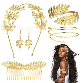 Eowppue 5 Piece Set Splendid Gold Accessories for Women,Greek Goddess Set with Ensemble of Headband, Bracelet, Upper Arm Band, Leaf Earrings, Hair Comb