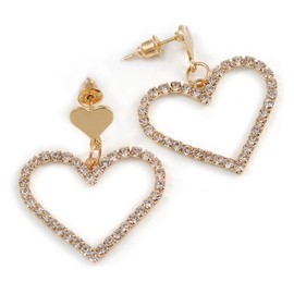 Delicate Crystal Open Heart Drop Earrings In Gold Tone/Romantic Style - 35mm Tall