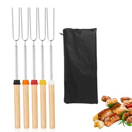 BBQ Metal Skewer, 2 Way Grill Skewers 5 Pcs, Kabob Skewers Stainless Steel with Barbecue Accessories, for Meat, Chicken, Sausages, Veggies, Easy to Use Push Bar Slider