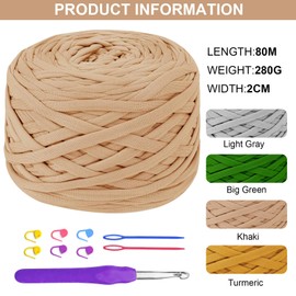 MeYuxg 285G/80M T-Shirt Yarn, T-Shirt Yarn for Crocheting, with 5 mm Crochet Hook, Textile Yarn, T-Shirt Yarn for Crocheting Bags, Blankets, Wall Hangings and Home Decorations (Khaki)