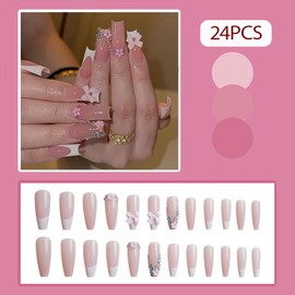 Hrnsnails Long Square Press On Nails White French Tip Nails Fake Nails with Rhinestones Flower Bow Charm Nail Press Ons Design, Artificial False Nails Press On Nail Kit Stick On Nails for Women