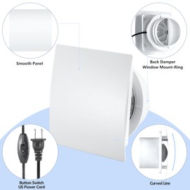 4inch Exhaust Fan, Window Wall Mount Vent Extractor Fan w/Button Switch, Cord for Kitchen Bathroom Workshop Garage - Slim Panel