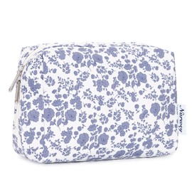 Narwey Small Makeup Bag for Purse Travel Makeup Pouch Mini Cosmetic Bag for Women (Little Greyish Blue Flower, Small)