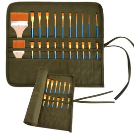 Tibapla 22/30 Slots Artist Brush Roll, Army Green Paint Brush Roll Canvas Pouch, Roll Up Canvas Paint Brush Bag Empty Artist Brush Roll for Artist Draw Pens Gouache Watercolor Oil Brushes (22 Slots)