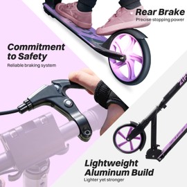 ZIFFY Scooter for Kids with Hand Brake, Foldable Kick Scooter for Ages 6-12, Lightweight Scooter for Boys with 4 Adjustable Heights, ABEC9 Bearings, Supports Up to 260 lbs