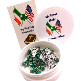 Westmon Works Irish First Holy Communion Rosary Set with Matching Patriotic Holy Card and Case with American and Ireland Flags