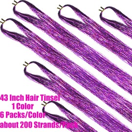 43 Inch Hair Tinsel Kit with Tools 6 Packs 1200 Strands Tinsel Hair Extensions for Women Girls Heat Resistant Sparkling Shiny Glitter Hair Pieces for Christmas Cosplay Party New Year (43 inch, purple)