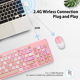 Wireless Keyboard and Mouse Combo, Retro Typewriter Wireless Keyboard with Round Keycaps, 2.4GHz Full-Size USB Cute Wireless Keyboard Mouse for Computer, Desktop, Laptop and Computer (Pink-Colorful)