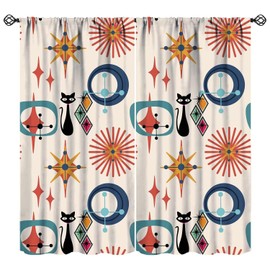 Black Cat Mid Century Curtains Modern Atomic Starbursts Retro Abstract Geometric Minimalist Printed Blackout Rod Pocket Window Drapes for Bedroom Living Room Kitchen Cafe Decor W21xL63in 2 Panels