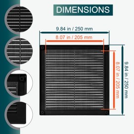 Ecopro Vent / 8'' x 8'' Inch Opening Measurement / Black Square Vent External Grille with Protective Mesh - Lightweight Plastic Register / Cover Indoor Outdoor Soffit Vent - 10x10 Outer Measurement