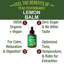 USDA Organic Lemon Balm Liquid Drops – Alcohol-Free Herbal Extract Tincture for Calm, Relaxation, Sleep, Stress Relief & Immune Support – Vegan, Non-GMO