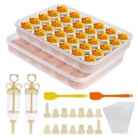 2 Pack 60 Slots Deviled Egg Containers with Lid, Clear Deviled Egg Tray Carrier with Injector Piping Tool Silicone Spatula Piping Bag, Fridge Countertop Stackable Egg Platter for Party Easter Travel