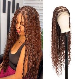 Kalyss HD Full Lace Boho Braided Wigs for Women 360 Lace Front Box Braid Wigs with Baby Hair Brown Human Hair Blended Knotless Braided Wig 36"