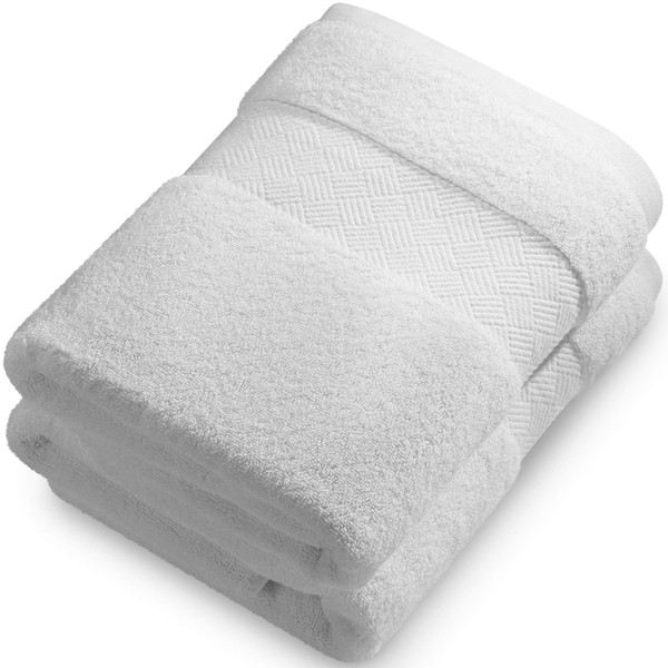 Alibi Bath Towel Set | 2 Pack of Soft Absorbent 30x56 Luxury Cotton Oversized Body Towels | Thick, Plush, Quick-Dry, Decorative Band, Woven Border & Machine Wash for Home Bathroom, Hotel & Spa | White