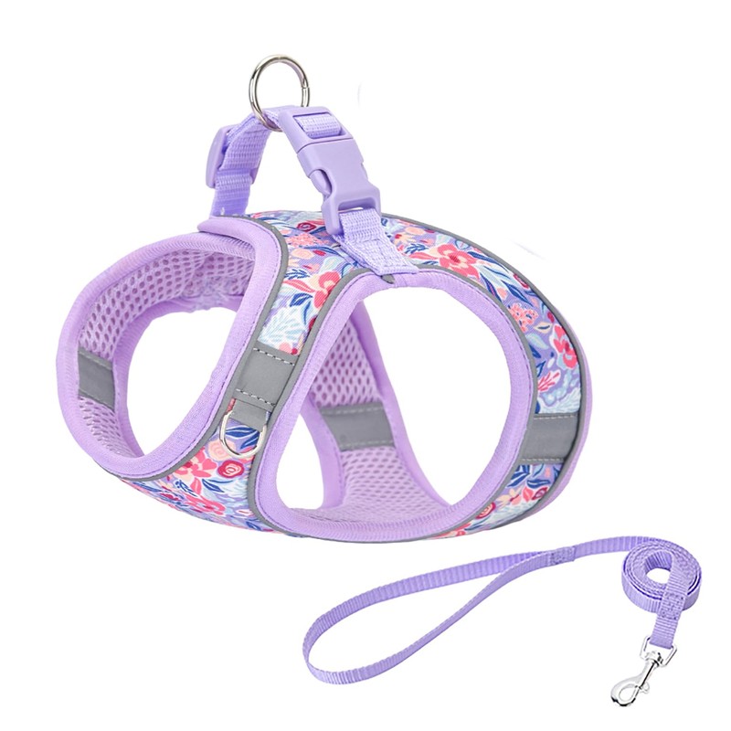 KocaPlye Small Dog Harness Purple Flowers No Pull Reflective Step