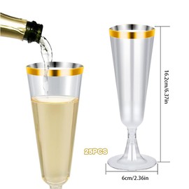 YZDZSW Plastic Toasting Glasses, 25 PCS Plastic Champagne Flutes, Disposable Clear Plastic Toasting Glasses for Wedding Party Cocktail Mimosa Plastic Cups(Gold)