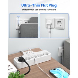 Flat Plug Multiple Socket with Switch, 5-Way Power Strip, Individually Switchable, PD20W Power Strip, Wall Mounting, Flat Plug, Double Plug for Socket, 5 Multiple Plugs, 2 m Cable, White