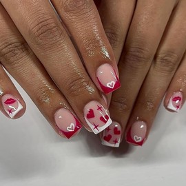 24Pcs Valentines Press on Nails Short Square Fake Nails with Love Heart Star Lips Glue on Nails Red White French Tip False Nails Glossy Full Cover Stick on Nails for Women Girls Nail Art