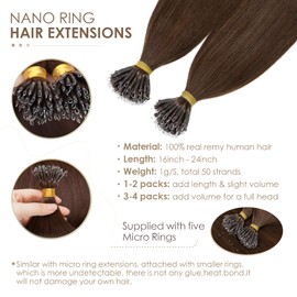 Nano Ring Hair Extensions 24inch 1g/s Pre Bonded 50g Nano Tip Bondings 100% Real Remy Human Hair #04 Medium Brown