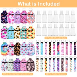 Empty Hand Sanitizer Holders Set 60pcs, Include 20 Portable Refillable Travel Bottle Container with Flip Cap, 20 Reusable Bottle Holders, 20 Wristlet Keychain