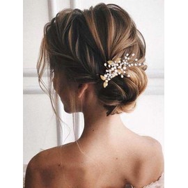 Resweky Wedding Bride Flower Hair VINE Leaf Bride Hair Clip Beads Wedding Headband for Women and Girls Hair Accessories (Gold, L)