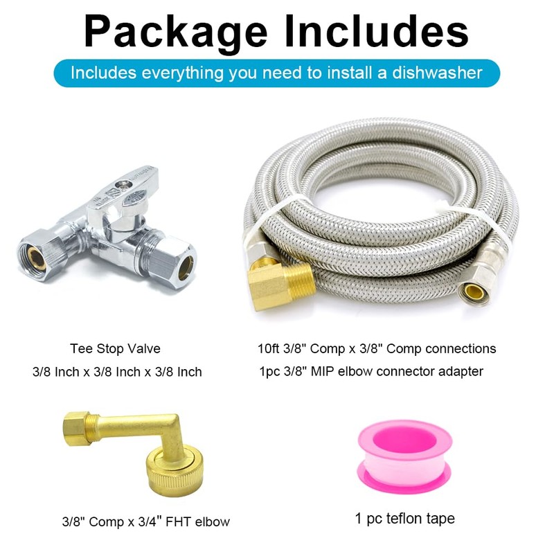 TTFLEX Dishwasher Installation Kit, 10 FT Stainless Steel Braided Hose