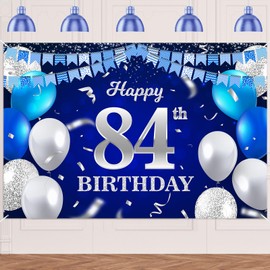 Happy 84th Birthday Banner Backdrop Navy Blue Balloons Confetti Stripe Flag Light Spots Cheers to 84 Years Old Theme Decorations Decor for Women Men 84th Birthday Party Bday Supplies Glitter Silver