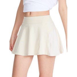 DEVOROPA Girls Tennis Skirts Stretch Adjustable Waist Youth Golf Athletic Pleated Skorts Lining Kids Cheer Cute 2 in 1 Shorts Pocket Beige L