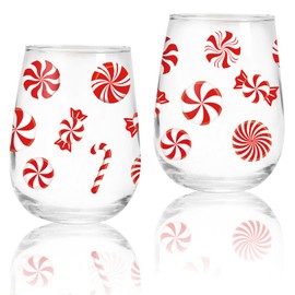Whaline 2Pcs Christmas Stemless Wine Glasses 17oz Xmas Candy Theme Drinking Glasses Candy Cane Tumbler Cups for Party Supplies Gifts