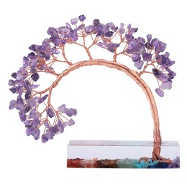 rockcloud Amethyst Crystal Stone Money Tree with Chakra Resin Base, Handmade Feng Shui Bonsai Tree Home Office Desktop Decor for Good Luck and Wealth, Purple