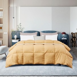 All Season Pretty Yellow Color Glam Feather Down Comforter Full - Queen Size | Casual Premium Solid Color Box Stitch Pattern Microfiber Material | Lightweight Ultra Soft Cozy Plush Farmhouse Bedding