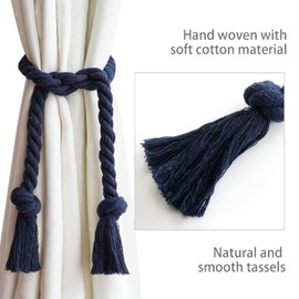 Yteseery 4 Pack Navy Blue Outdoor Curtain Tiebacks Rope, Natural Cotton Curtain Holders, Village Rural Rustic Curtain Holdbacks, Farmhouse Nautical Curtain Rope Tie Back for Drapery Patio