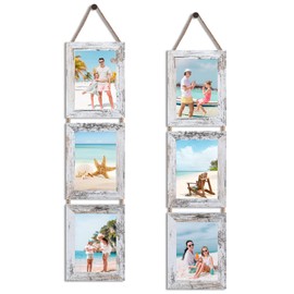 QUTREY 5x7 Collage Picture Frames, 3 Openings Hanging Photo Frame Set Display Vertical 5 by 7 inch Pictures for Wall Decor, Distressed White, 2 Pack