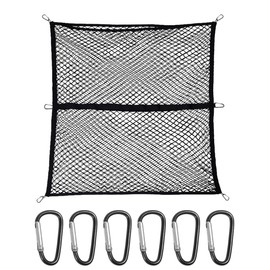 UNLRAE Cargo Net,Car Accessories Cargo Net for Pickup Truck Bed,Highly-Elastic Heavy Duty Truck Bed Mesh Organizer with 6 Metal Carabiners,4'x4' Stretches to 7'x7',Fit for Cars,Pickup (Double Layer)