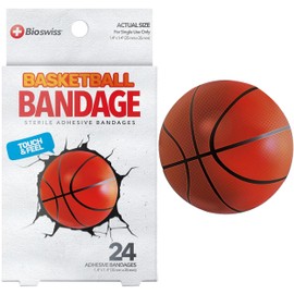 BioSwiss Kids Bandages, Basketball Shaped Self Adhesive Bandage Set, Latex Free, Sterile Wound Care, 24 Count