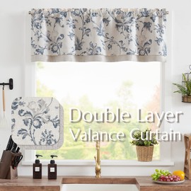 jinchan Linen Valance Curtain Farmhouse Window Decor Floral Print for Kitchen Living Room Double Layer Blackout Valance 16 Inches Rustic Window Treatment 1 Panel Rod Pocket Blue on Beige