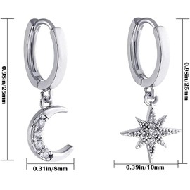Star Moon Huggie Hoop Earrings S925 Silver Celestial huggie Dangle Hoop Earrings Asymmetrical CZ Drop Earrings