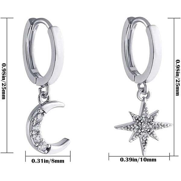 Star Moon Huggie Hoop Earrings S925 Silver Celestial huggie Dangle