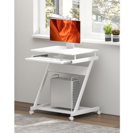 SogesGame Mobile Compact Computer Desk Cart for Small Spaces, Work Workstation, Standing Laptop Cart with Keyboard Tray and Printer Shelf for Home, Office, White