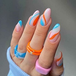 Enppode Medium Press on Nails Almond Nail Tips Colorful Fake Nails with Swirls Design 24 PCS/Set