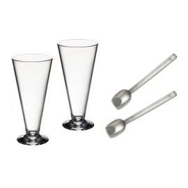 Harfield Set of 2 Sundae Milkshake Ice Cream Tumblers & Free Dessert Spoons Virtually Unbreakable Reusable Plastic (Silver), A198