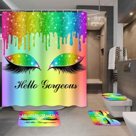 GURETER Hello Gorgeous Shower Curtain Set, 4PCS Luxury Glitter Bling Drips Pretty Eyelash Bathroom Sets with Shower Curtains, Bath Rug, Toilet Lid Cover and U Shaped Mat, 12 Hooks, SETLSGU19