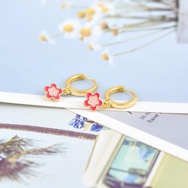 Cute Flower Dangle Drop Earrings for Women 14k Gold Plated Dainty Colorful Enamel Floral Charm Dangling Cartilage Piercing Huggie Hoops Hypoallergenic Fashion Trendy Jewelry for Her Daughter, 9.0