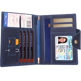 STAR VISTA Carmen Leather Passport Wallet, Dual Bifold Cash Pockets, RFID Blocking, ID Window, 6 Card Slots, Coin Pocket, SIM Slots, AirTag Slots, Navy Blue